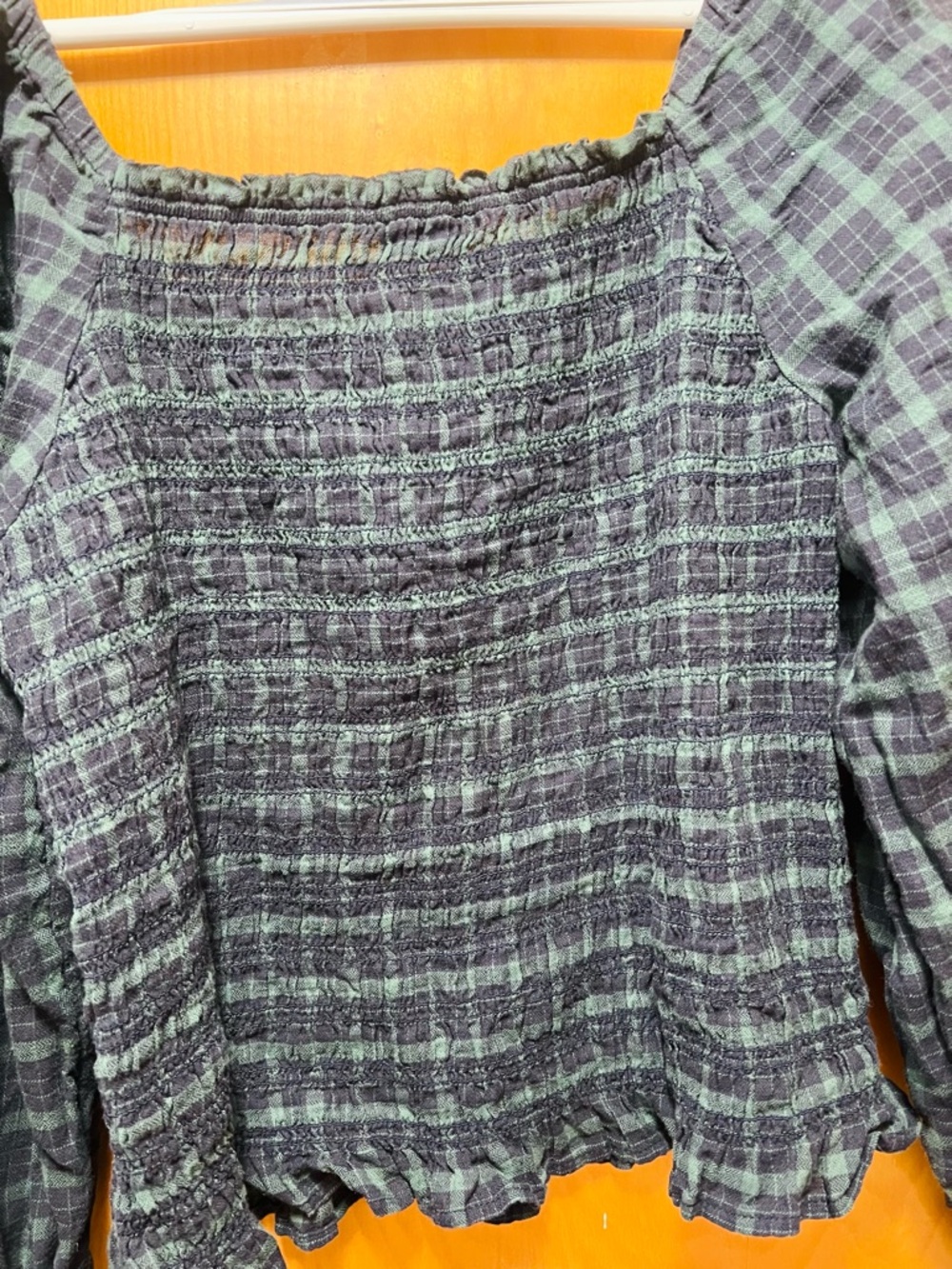 Madewell Dark Green and Black Smocked Plaid Peasant Top - Picture 8 of 8
